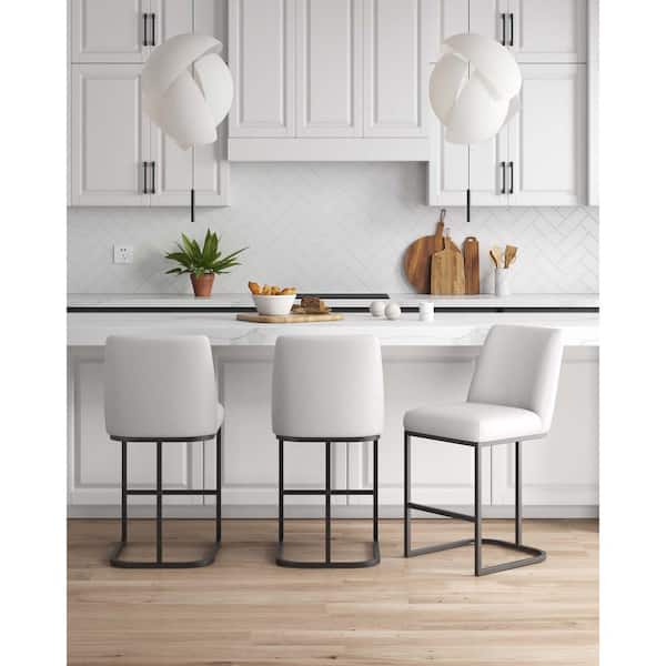 Serena 26.37 in. Modern White Metal Counter Stool with Faux Leather Upholstered Seat (Set of 3)