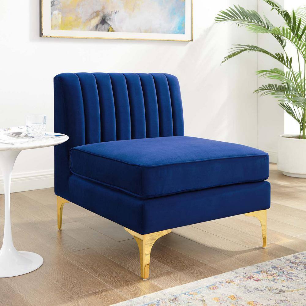Navy Blue Velvet Wood Armless Chair with Gold Metal Legs