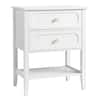 Front view of a white two-drawer nightstand.