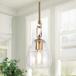 Modern 1-Light Plated Brass Shaded Pendant Light with Hammered Dome Glass Shade, No Bulbs Included