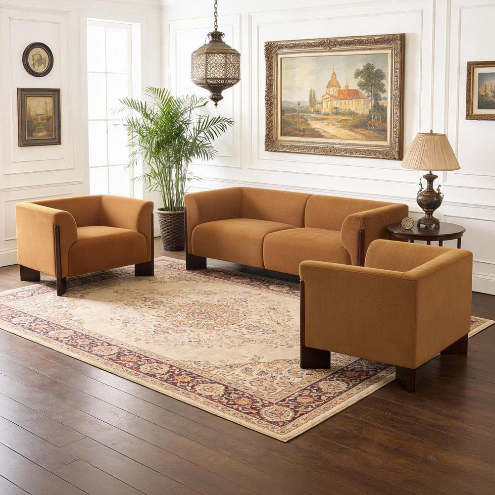 Luxury Couch Set 3-Piece Orange Velvet 2-Seater Sofa and 2 Armchairs Living Room Set