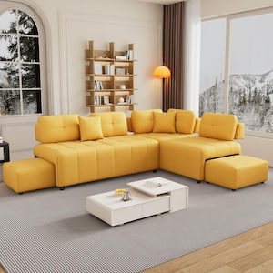 91.73 in. Chenille L Shaped Sectional Sofa in Yellow with 2-Hidden Stools and 2-Lumbar Pillows