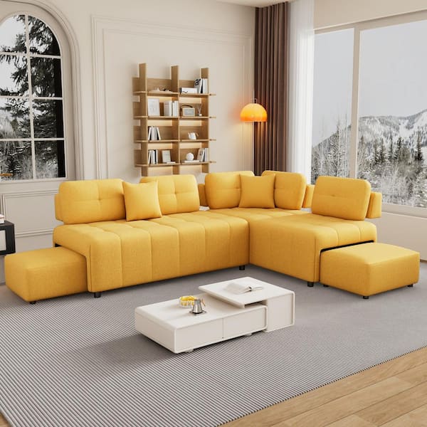 Harper & Bright Designs 91.73 in. Chenille L Shaped Sectional Sofa in Yellow with 2-Hidden Stools and 2-Lumbar Pillows