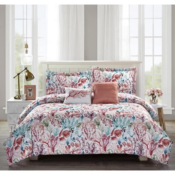 Bloom Coral Sea 5-Piece Pink Full/Queen Comforter Set