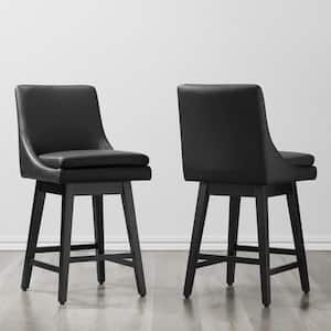 Fiona 26.8 in. Black Solid Wood Frame Swivel Counter Height Bar Stool with Faux Leather Seat and Back (Set of 2)