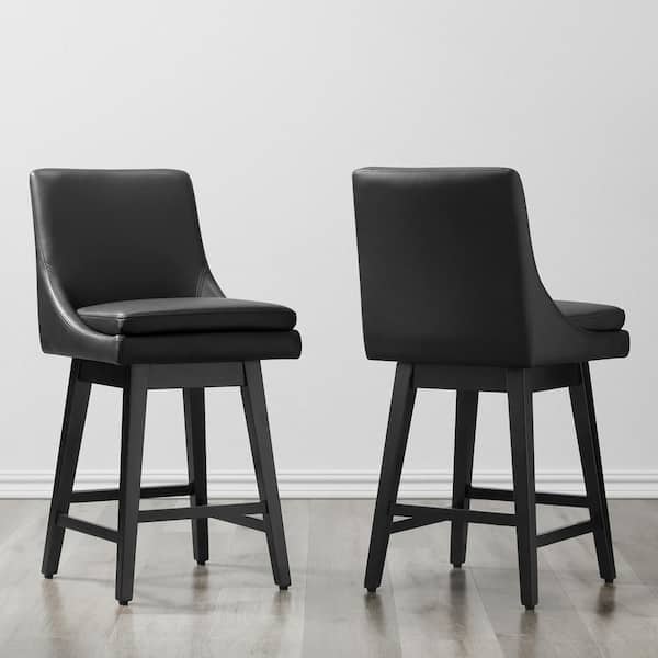 Spruce & Spring Fiona 26.8 in. Black Solid Wood Frame Swivel Counter Height Bar Stool with Faux Leather Seat and Back (Set of 2)
