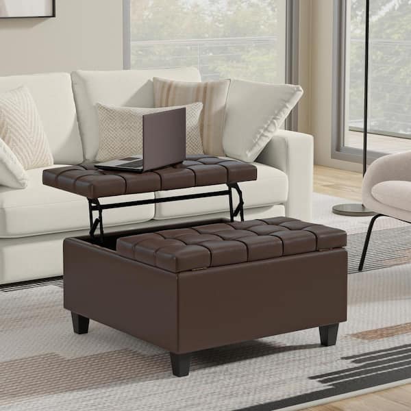 Simpli Home Harrison 30 in. Square Small Coffee Table Storage Ottoman in Chocolate Brown Vegan Faux Leather, Assembled