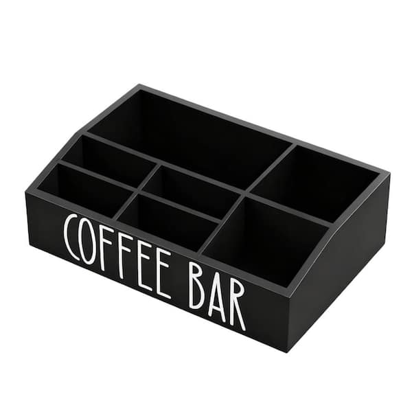158.12 oz. Black Wood Coffee Station Organizer for Countertop, Condiment Racks 7 Compartments with Removable Dividers