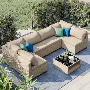 7-Pieces All-Weather Wicker Outdoor Sectional Set with Khaki Cushion and Coffee Table