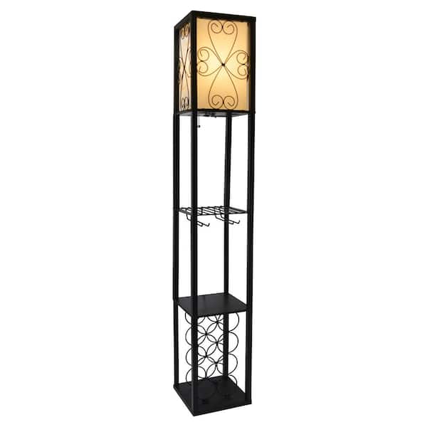 Simple Designs 62.5 in. Black Wine Rack and Storage Column Floor Lamp with Linen Shade and LED Bulb