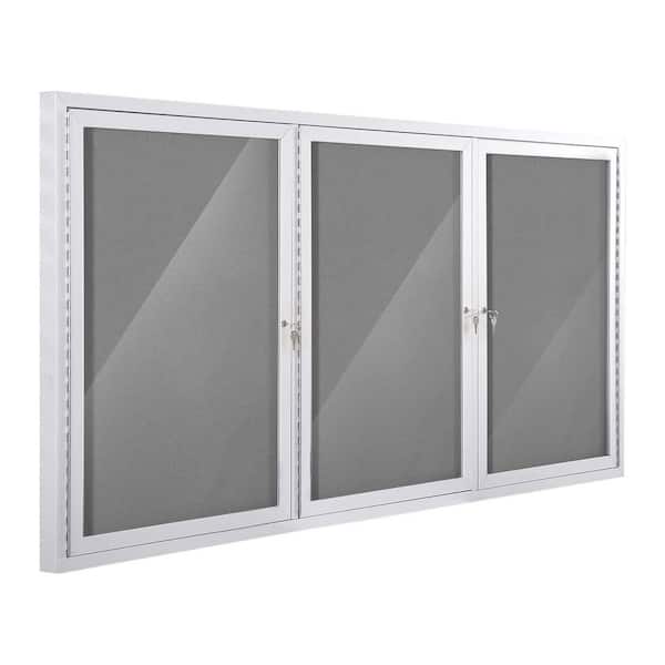 3-Door 70x36 Inch Enclosed Bulletin Board Wall Mounted Notice Cabinet with Weather Resistant Gray Fabric Display