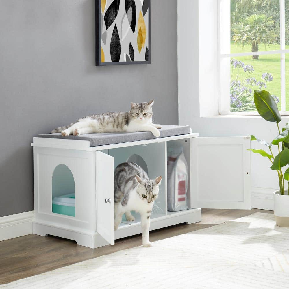 Large Wooden Cat Litter Box Enclosure, White Washroom Storage Accent ...