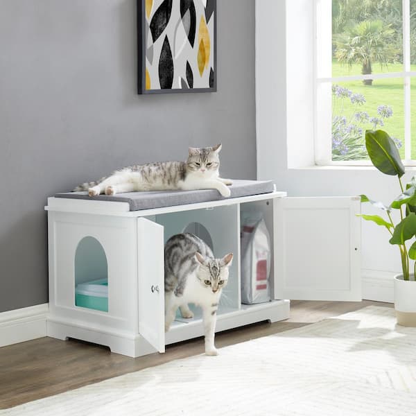 Unbranded Large Wooden Cat Litter Box Enclosure, White Washroom Storage Accent Cabinet Bench, Side Table Furniture For Living Room