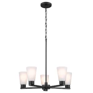 Stamos 24 in. 5-Light Black Modern Shaded Circle Dining Room Chandelier with Satin Etched Glass Shades