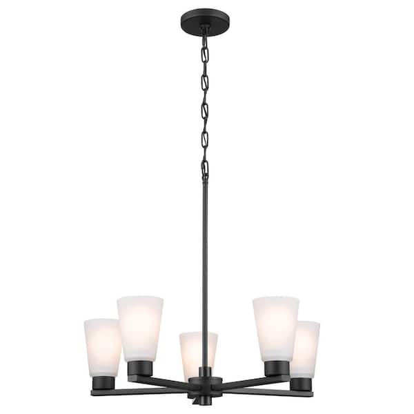 KICHLER Stamos 24 in. 5-Light Black Modern Shaded Circle Dining Room Chandelier with Satin Etched Glass Shades