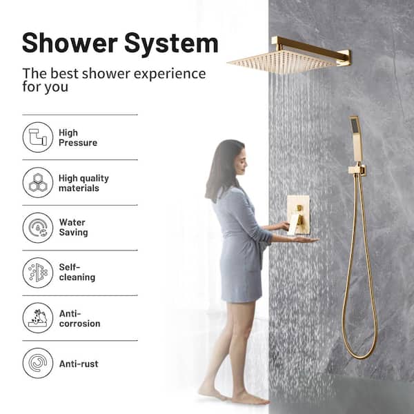 Rain Single Handle 2-Spray 10 in. Shower Faucet Handheld Combo with Valve 1.8 GPM Adjustable Dual Shower Heads in Gold