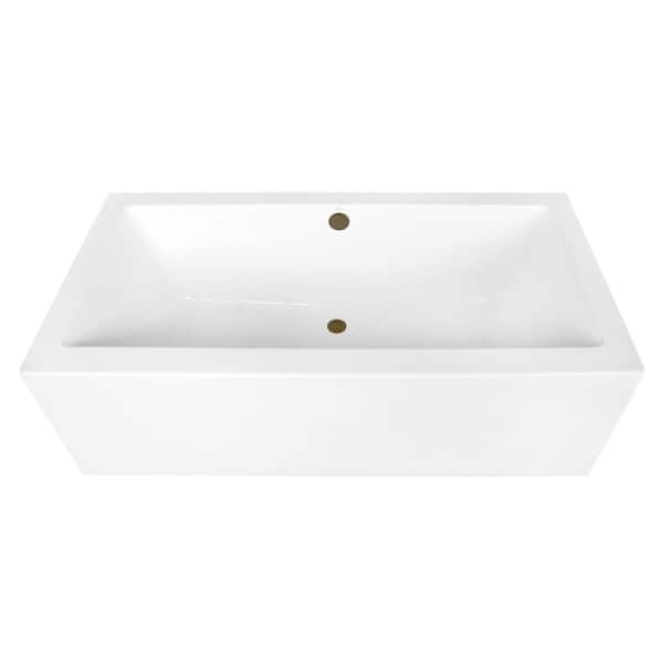 Aqua Eden 67 in. x 33.3 in. Acrylic Flatbottom Soaking Freestanding Bathtub in Glossy White/Antique Brass with Drain