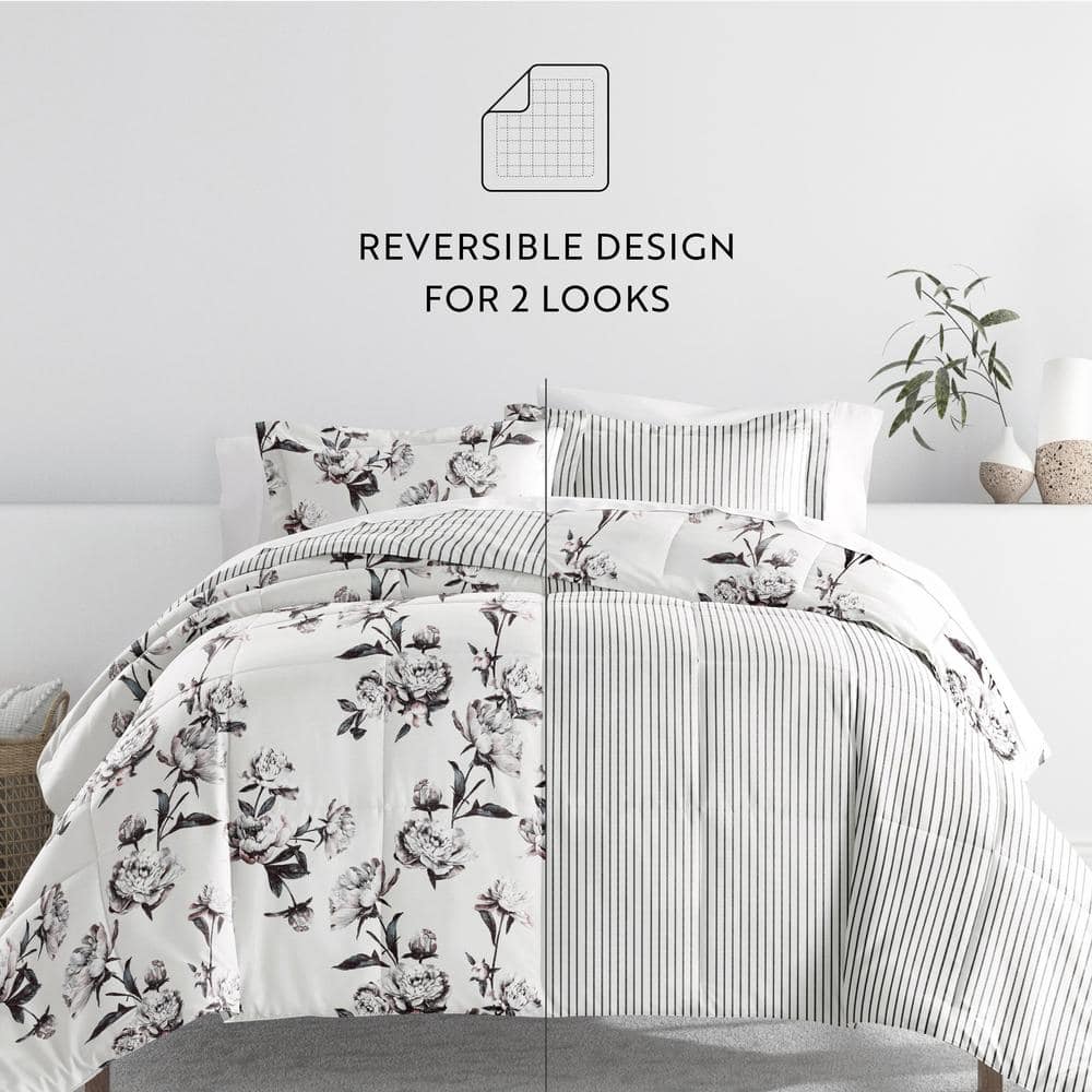 King Gray Floral Down Alternative Reversible Comforter Set