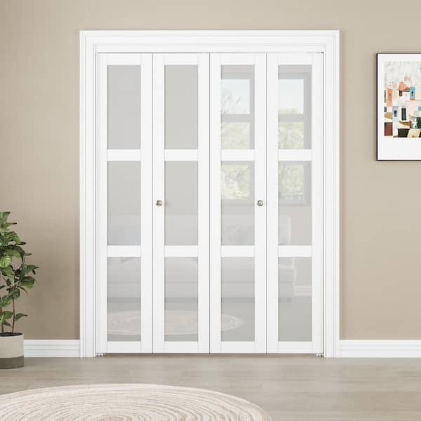 60 in. x 80 in. 3-Lite Tempered Frosted Glass Solid Core White Finished MDF Interior Closet Bi-Fold Door with Hardware