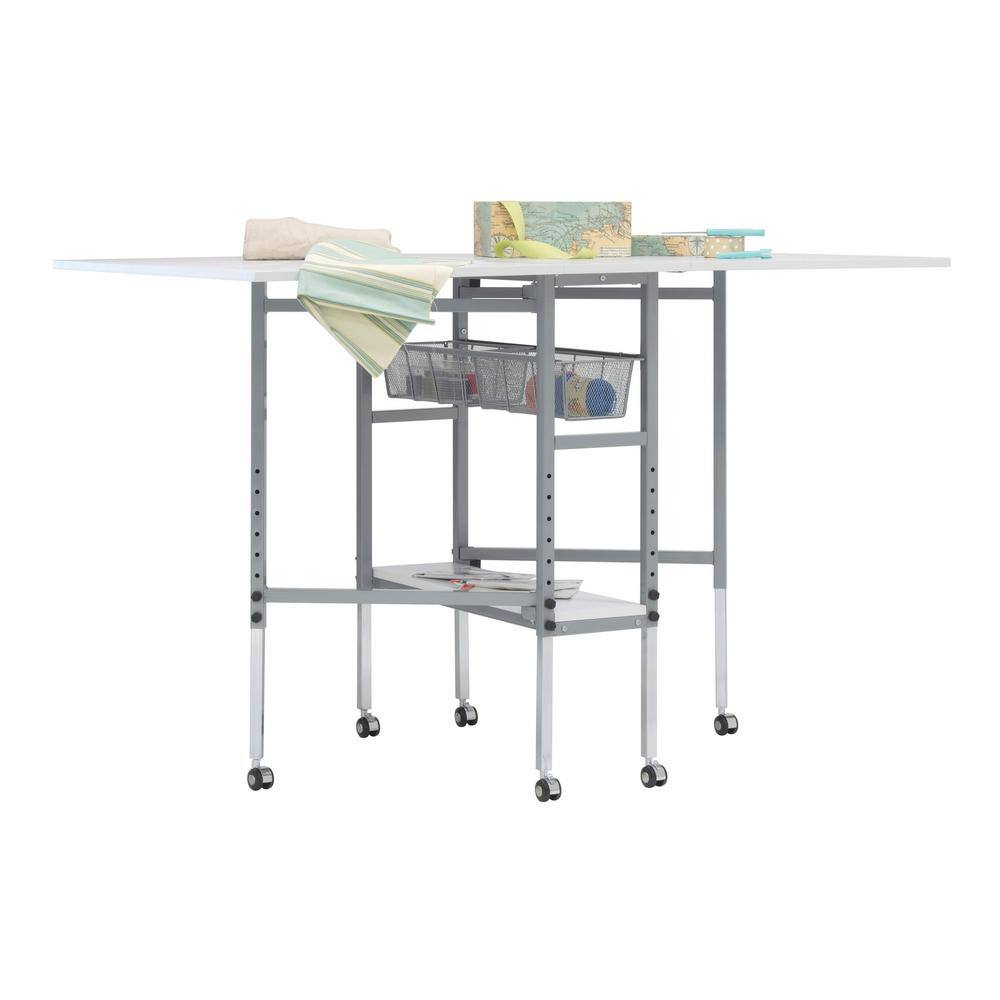 Adjustable Silver and White Folding Cutting Table with Grid Top