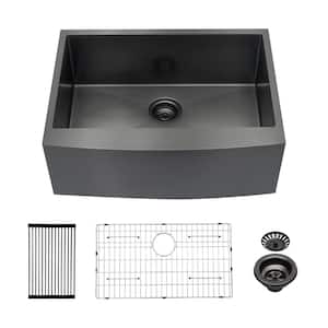 NAT 27 in. Drop-In Single Bowl Gunmetal Black Farmhouse Sink Stainless Steel Round Corner Kitchen Sink with Accessories