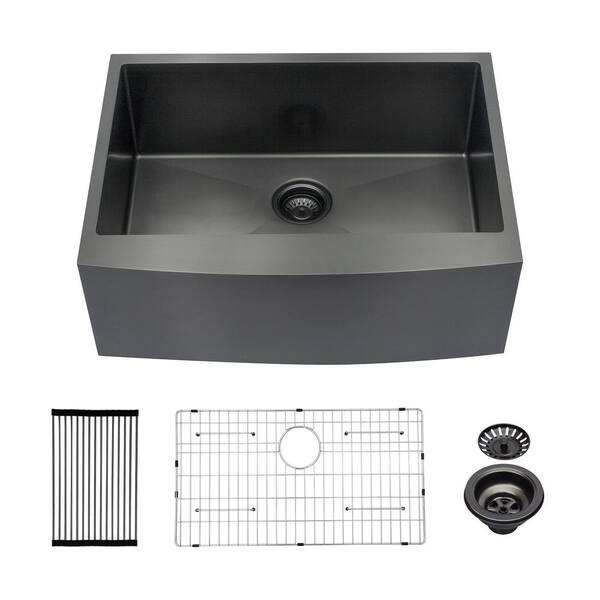 stufurhome NAT 27 in. Drop-In Single Bowl Gunmetal Black Farmhouse Sink Stainless Steel Round Corner Kitchen Sink with Accessories