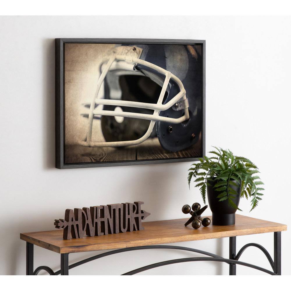 Vintage Football Helmet Framed Canvas Print in Gray Woodgrain Frame