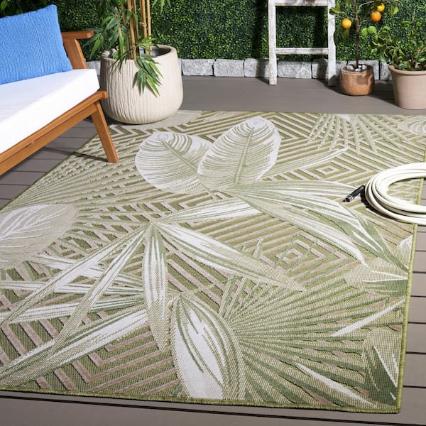 Cabana 5 x 8 Blue Green/Beige Leaf Area Rug