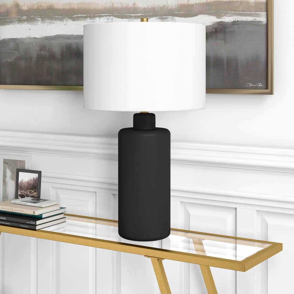 Matte Black Ceramic Nightstand Lamp with White Linen Shade