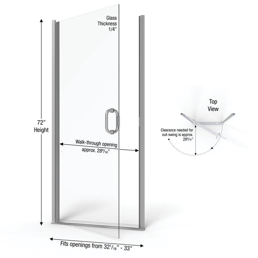 Infinity 33" x 72" Brushed Nickel Semi-Frameless Hinged Shower Door