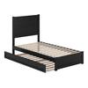 Twin platform bed with trundle on a plain background.