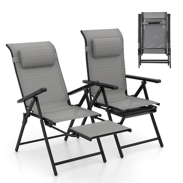 2-Piece Metal Outdoor Chaise Lounge Folding Patio Chairs with 10-Level Adjustable Backrests and Armrests