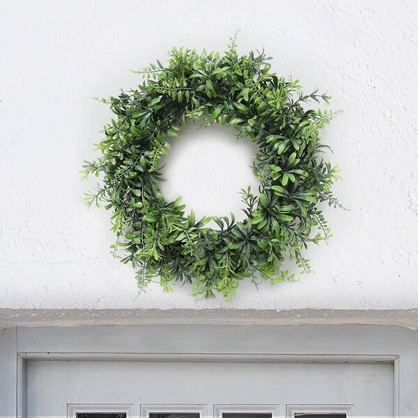 Unbranded 14 in. Frosted Green Artificial Mix Fern Flowering Leaf Foliage Greenery Wreath