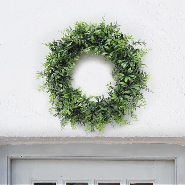 LIVING LUXURY 14 in. Frosted Green Artificial Mix Fern Flowering Leaf Foliage Greenery Wreath