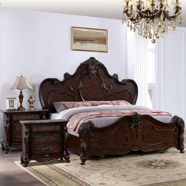 Furniture of America Feliciano II 3-Piece Dark Cherry Wood Frame Queen Panel Bedroom Set with 2 Nightstands And Sintered Tops