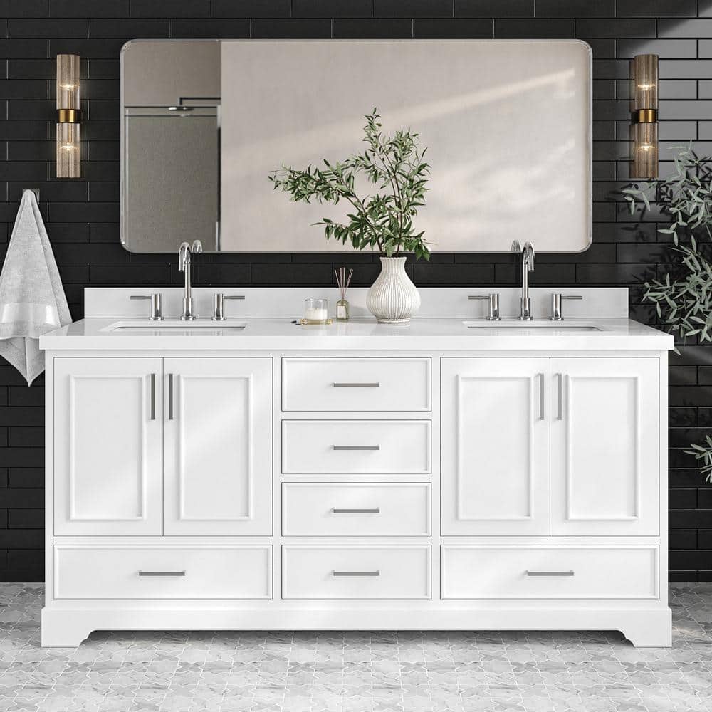 Stafford 72 in. Double Sink Freestanding Bathroom Vanity in White with Pure White Quartz Top price history on PriceWatchPro