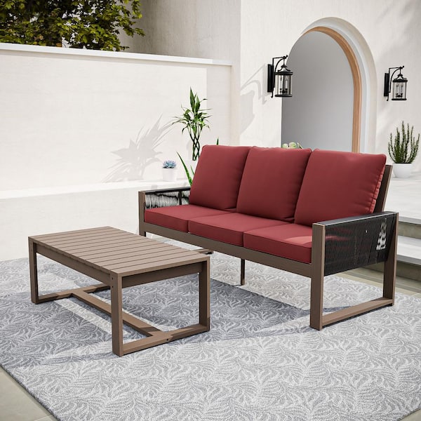 2-Piece Wood Outdoor Patio Conversation Set with 3 Seat Loveseat Sofa Couch with Red Cushions, Coffee Table