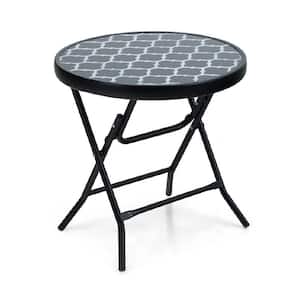 Outdoor Side Tables-Foldable Patio Side Table with Tempered Glass Table Top and Thickened Iron Pipe Bracket