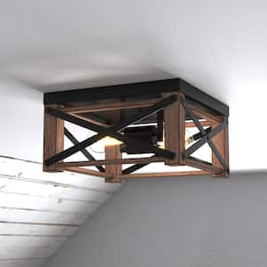 Colton 12 in. W Brown Wood Cage Flush Mount Ceiling Light Fixture