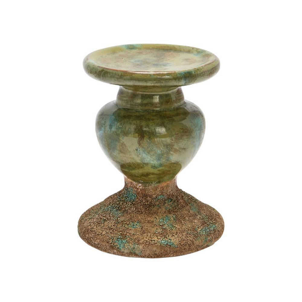 Distressed Green Ceramic Sculptural Pillar Candle Holder