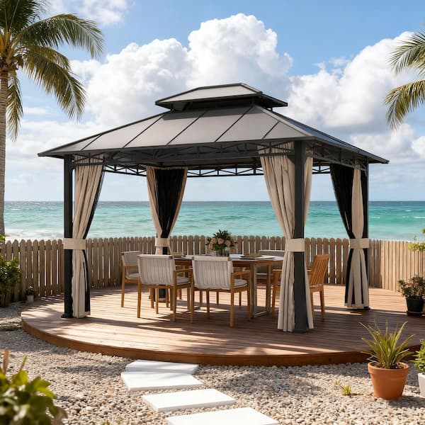10 ft. x 12 ft. Outdoor Hardtop Gazebo with Double-Tier Roof, Steel Frame, Curtains and UV Protection