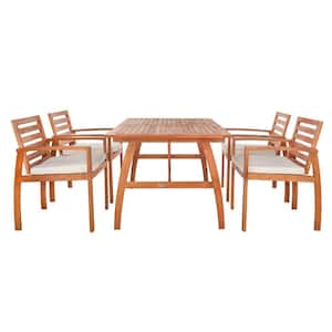 Vinyl Natural 5-Piece Wood Outdoor Patio Dining Set with Beige Cushions