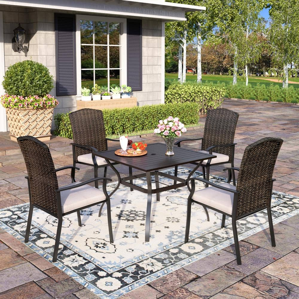 Black 5-Piece Metal Patio Outdoor Dining Set with Slat Square Table and Rattan Chairs with Beige Cushion -  PHI VILLA, THD5-0601-042