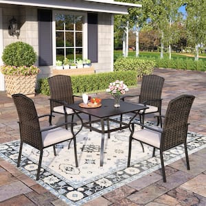 Black 5-Piece Metal Patio Outdoor Dining Set with Slat Square Table and Rattan Chairs with Beige Cushion