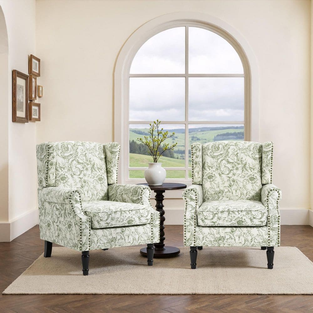 Rococo Green Linen Upholstered High Back Accent Arm Chair With Nailhead Trim (Set of 2) price history on PriceWatchPro