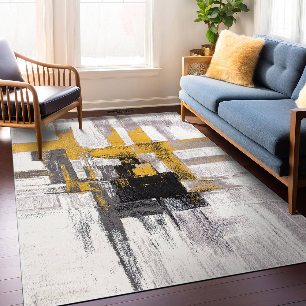 Gold and Gray Abstract 4' x 6' Reversible Synthetic Area Rug