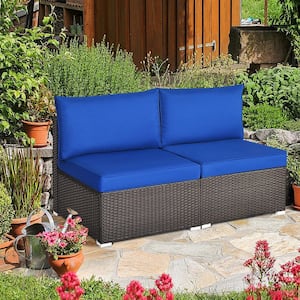 2-Pieces Patio Sectional Armless Sofas Wicker Rattan Furniture Set Outdoor with Navy Cushions