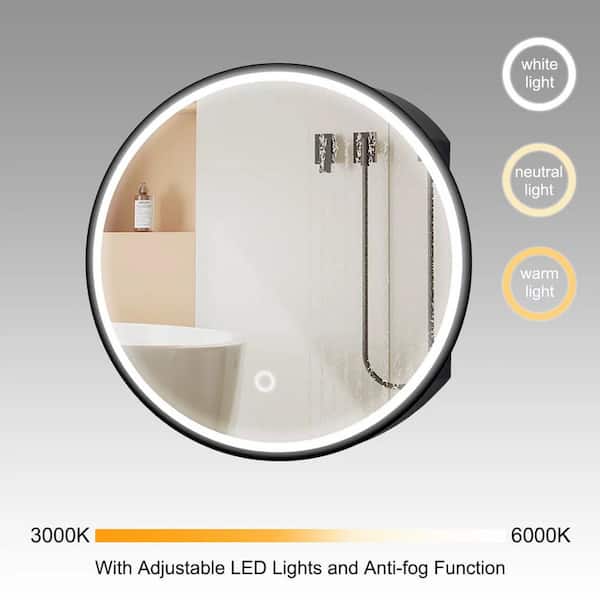 EAKYHOM 24 in. W x 24 in. H Framed LED Anti Fog Round Black Aluminum Surface Mount Medicine Cabinet with Mirror