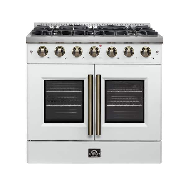 Galiano 36 in. French Door Gas Range, White and Antique Brass, 5.36 cu. ft. Convection Oven 6-Burners