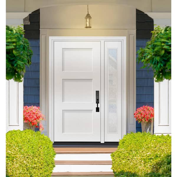 Legacy 53 in. x 80 in. 3P Equal Shaker LHIS Unfinished White Fiberglass Prehung Front Door w/Rain 14 in. SL 4-9/16 Jamb